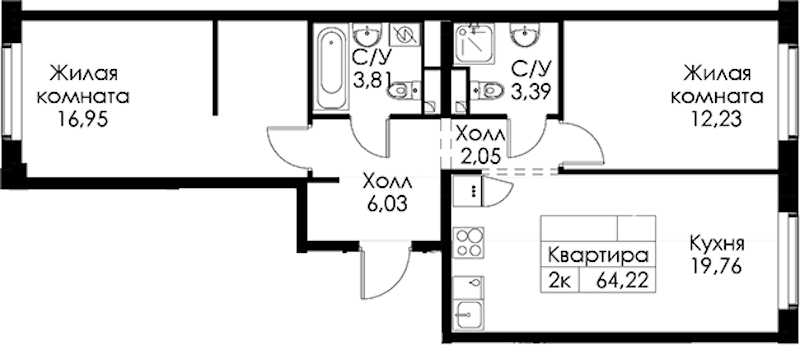 2-комнатная квартира 64.22 м², 1/15 эт., ЖК «Янинский лес»